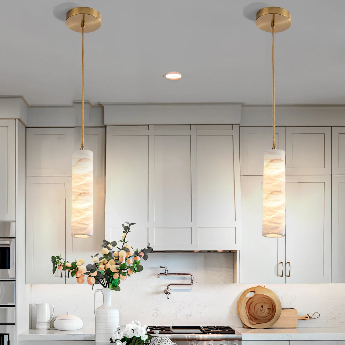 Hanglamp Albast Steen met Satijn Messing Cilinder Natuursteen Lichtdiffusie Warm LED Eetkamer Woonkamer | Sulvida