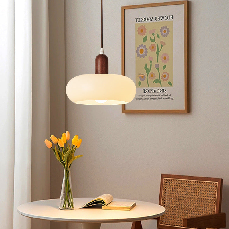 Hanglamp met hout en melkglas verstelbaar crèmekleur sfeervol Scandinavisch design eetkamer woonkamer E27 | Sulvida