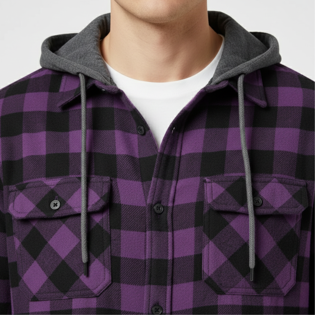 Geruit Flanel Overhemd met Capuchon Lange Mouwen Herfst Lente Casual Houthakkershemd Heren Werkhemd Borstzak | Sulvida