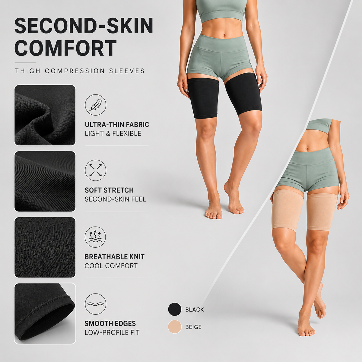 Ultra Dunne Compressiesleeve voor Dijen Beige M Unisex Ademend Discreet Sportsteun Dijbeenbescherming | Sulvida