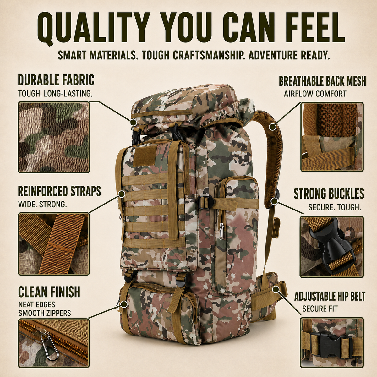 80 Liter Trekking Rugzak met MOLLE Systeem Waterdicht voor Backpackers Outdooravonturiers en Camping | Sulvida