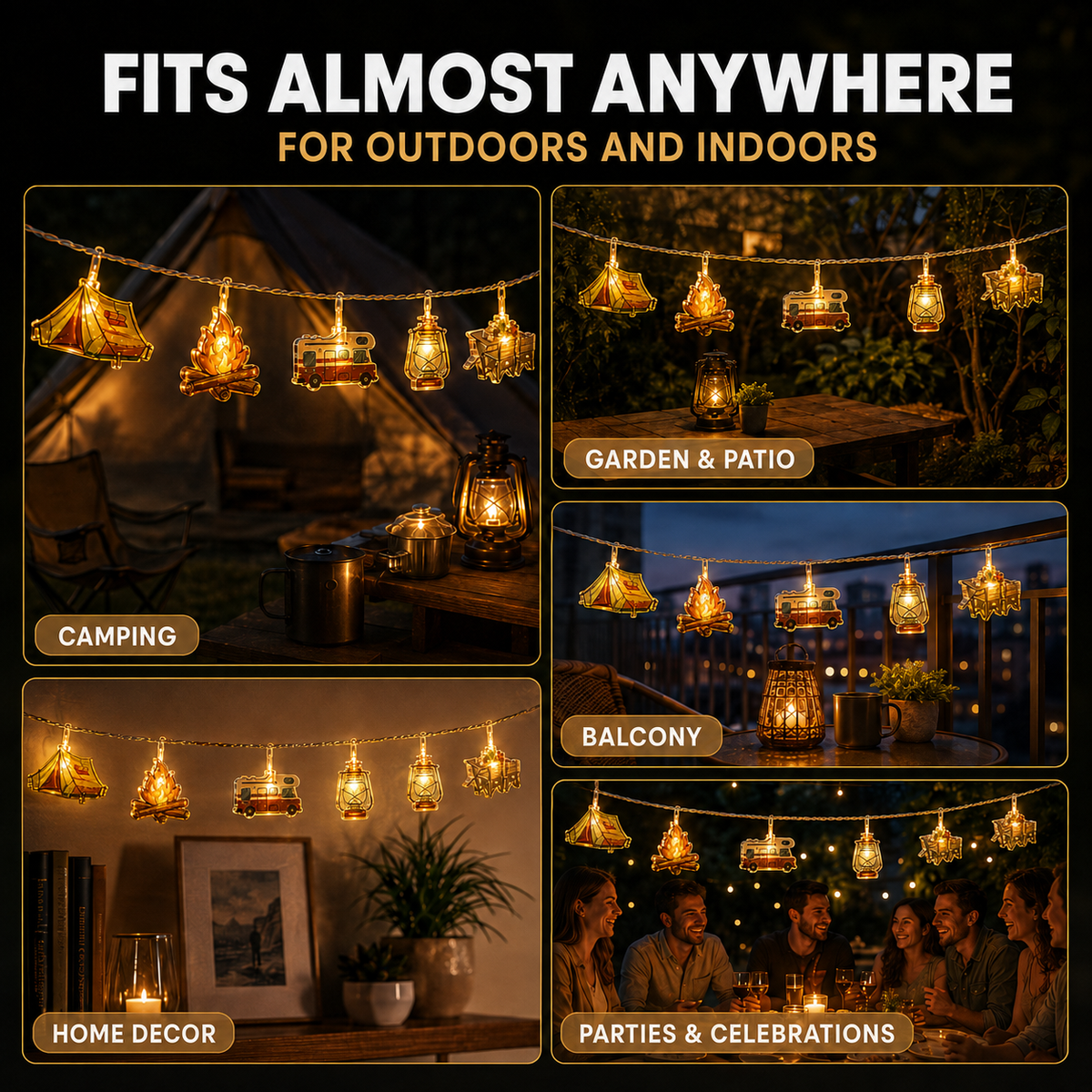 Campinglichtslinger met Tentmotieven Warm Wit LED op Batterijen 1,5m 3m 6m Sfeerlicht Outdoor Decoratie | Sulvida