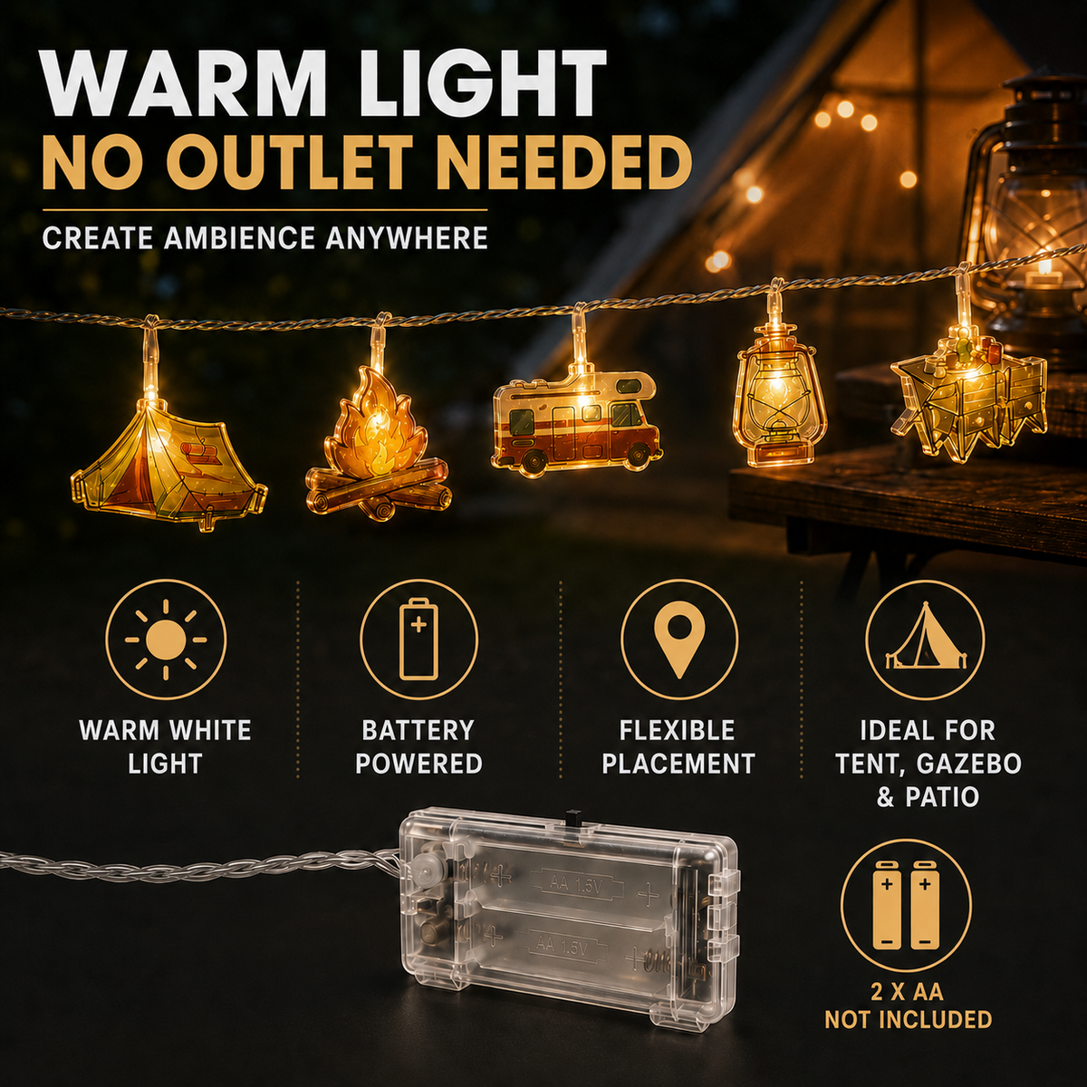 Campinglichtslinger met Tentmotieven Warm Wit LED op Batterijen 1,5m 3m 6m Sfeerlicht Outdoor Decoratie | Sulvida