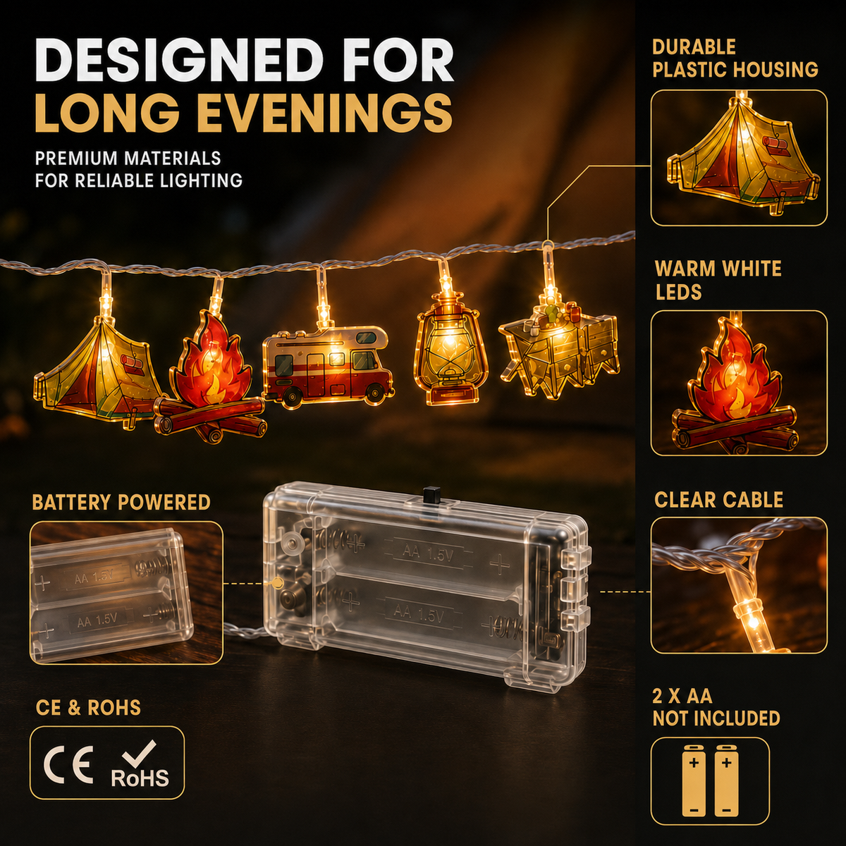Campinglichtslinger met Tentmotieven Warm Wit LED op Batterijen 1,5m 3m 6m Sfeerlicht Outdoor Decoratie | Sulvida