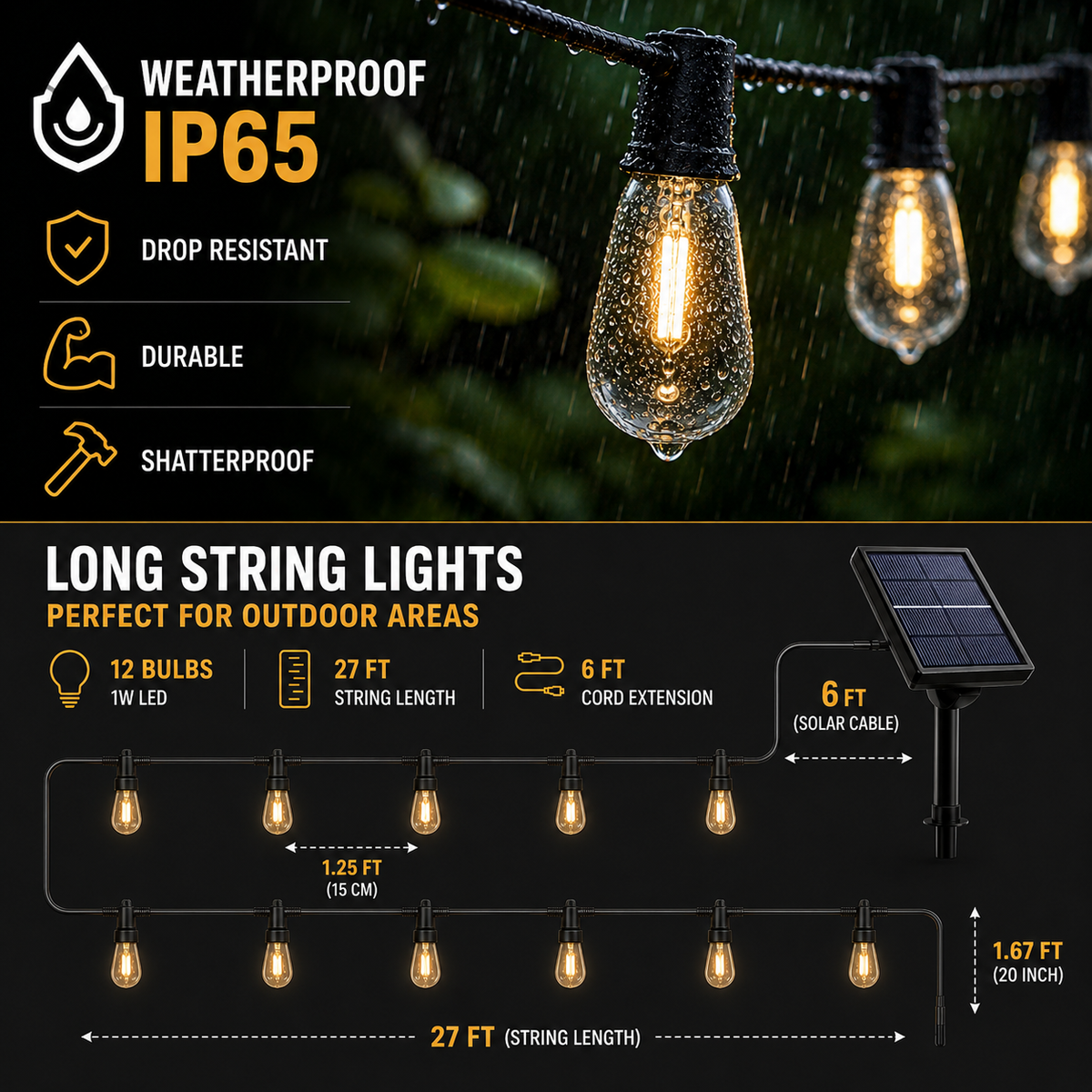 Solar Lichtsnoer voor Buiten 10 m 40 LED's Vintage Sfeerverlichting Waterdicht IP65 Camping Tuin Terras Feest | Sulvida