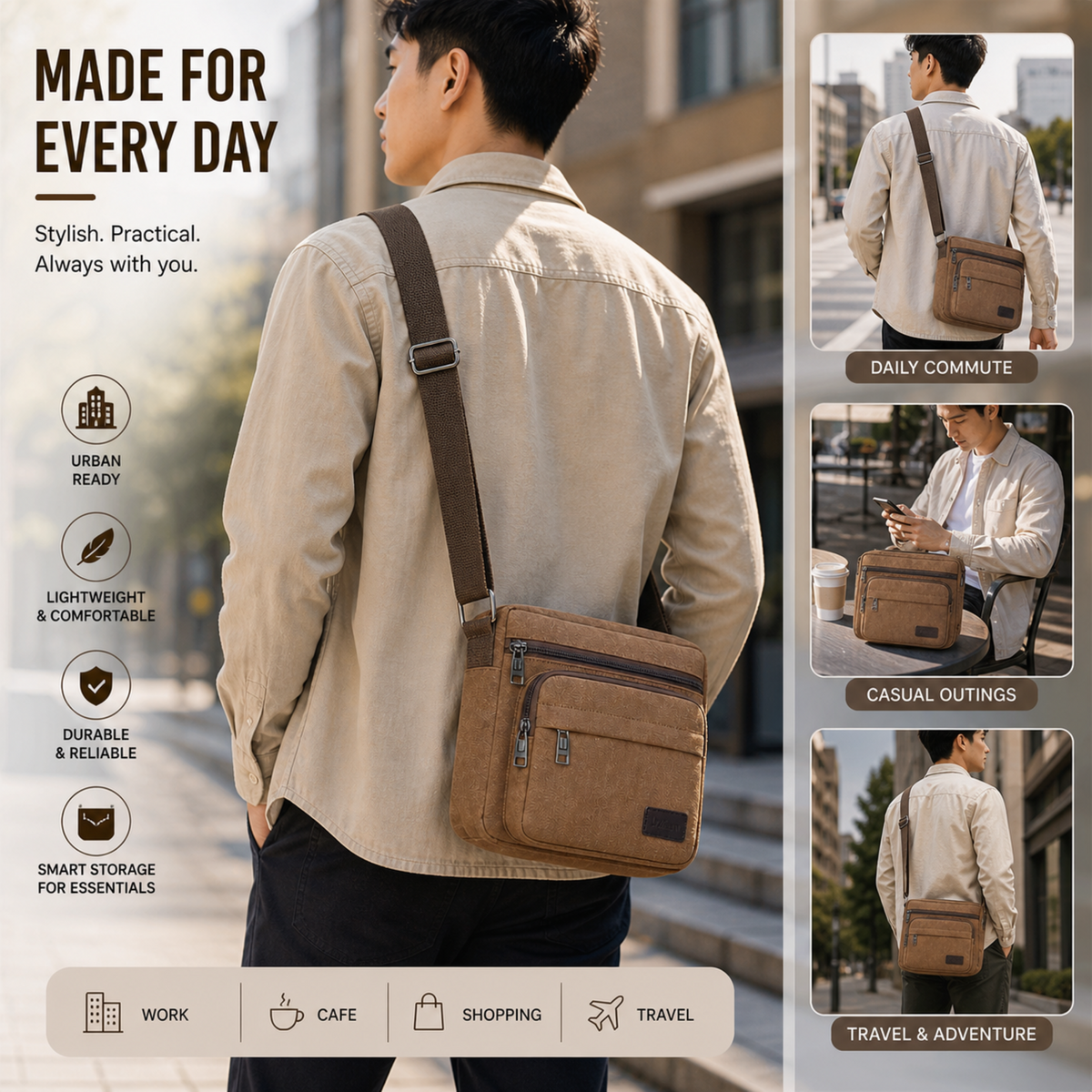 Canvas Crossbody Schoudertas – Vintage Messenger Bag Kanvas met Verstelbare Draagband voor Dagelijks Gebruik | Sulvida