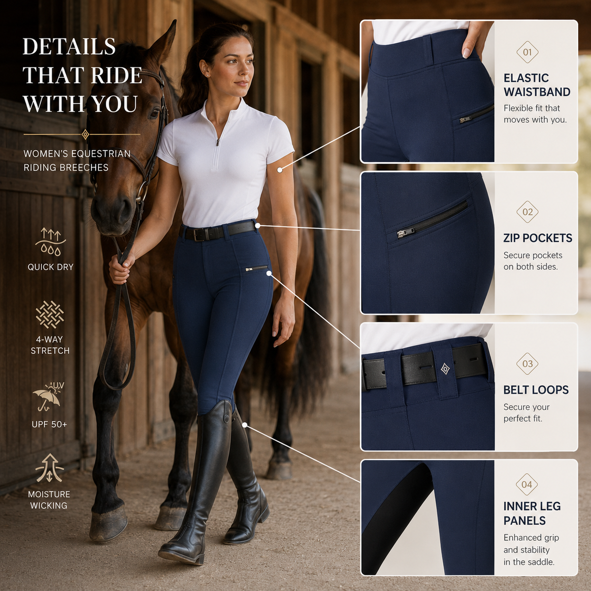 Rijbroek Dames Tweekleurig Stretch Ruiterbroek met Zadelpaneel Comfortabele Ruiterpantalon Paardrijden | Sulvida