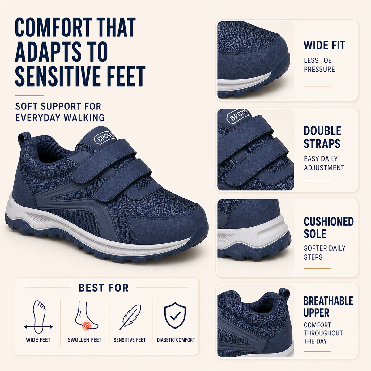 Orthopedische Wandelschoenen met Klittenband Extra Breed Comfortabel Dagelijks Lopen Verstelbaar Mesh | Sulvida