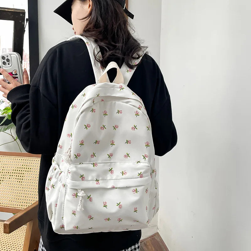 Nylon Schoolrugzak Bloemenprint Dames Roze Wit Rugtas Laptop Studie Rugzak Schooltas Werk Dagelijks Gebruik | Sulvida
