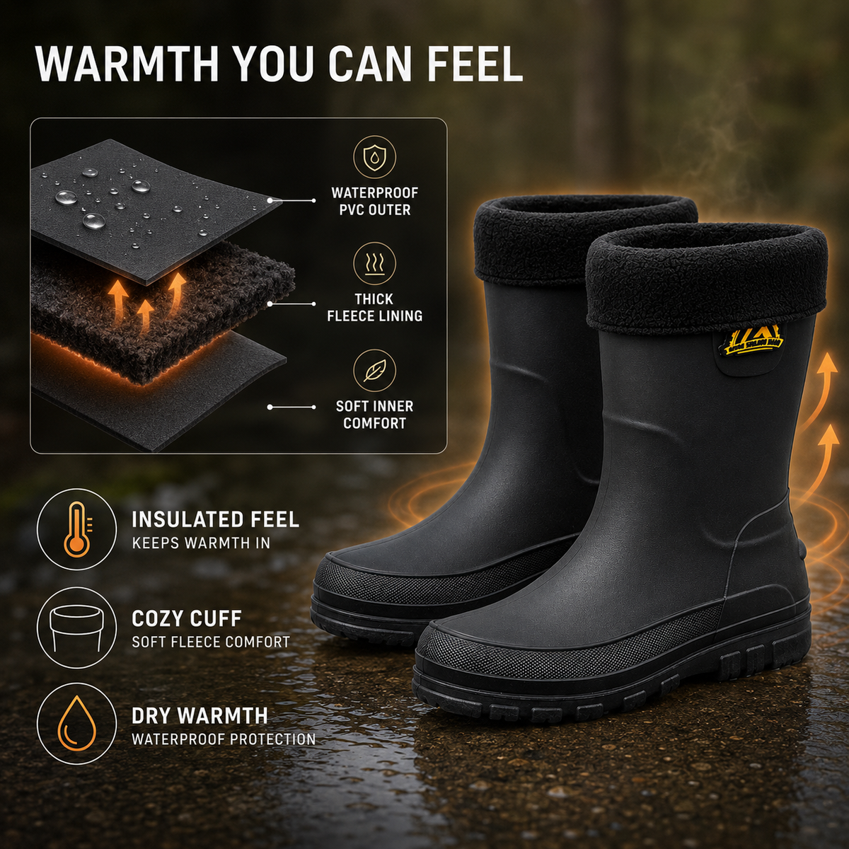 Geïsoleerde Regenlaarzen Heren Waterdicht met Antislipzool Winterlaarzen Outdoor Werk Zwart Rood Geel | Sulvida