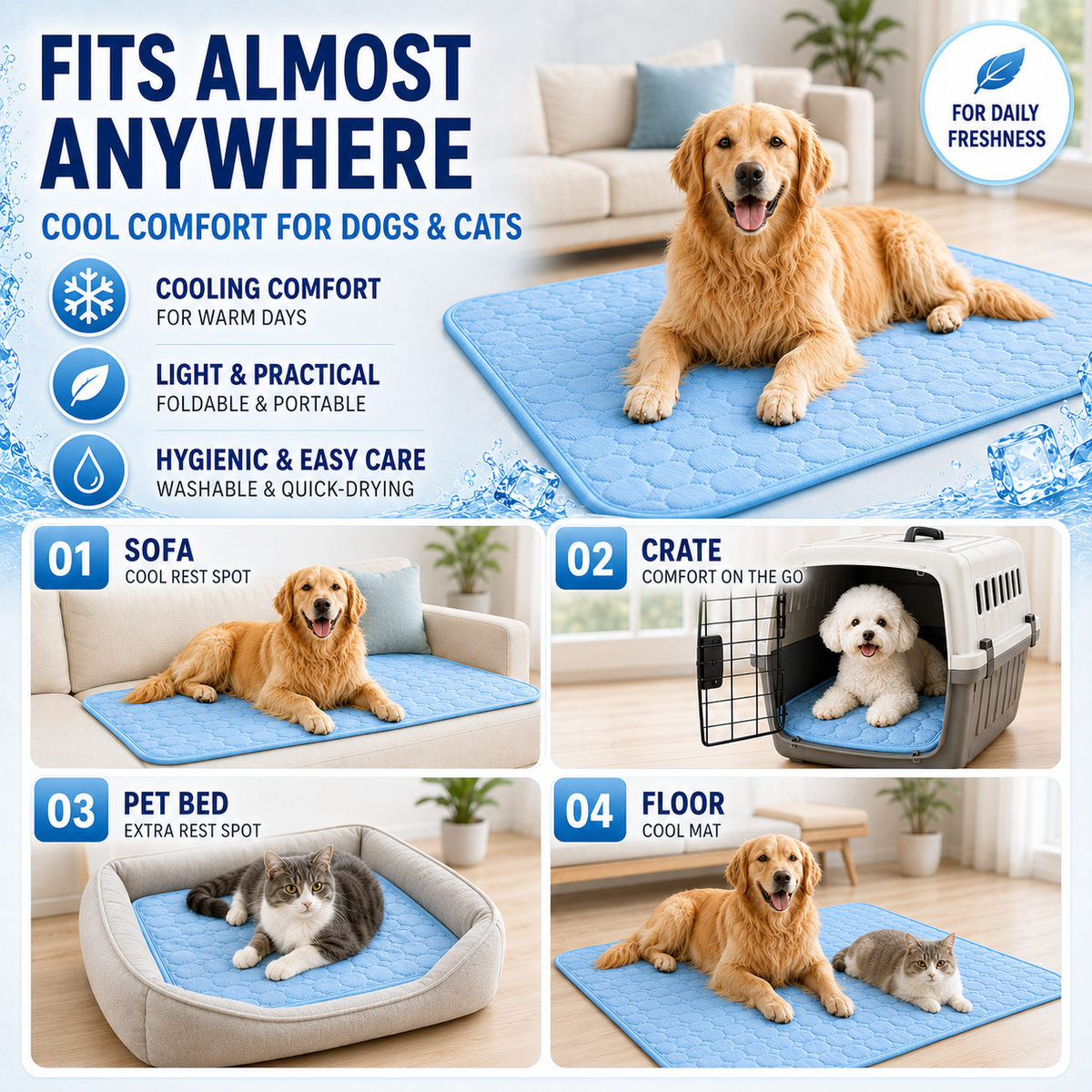 Koelmat voor Huisdieren Wasbaar Verkoelend Hondenmat Kattenmat Zomer Koeling Hond Kat XS S M L XL XXL | Sulvida