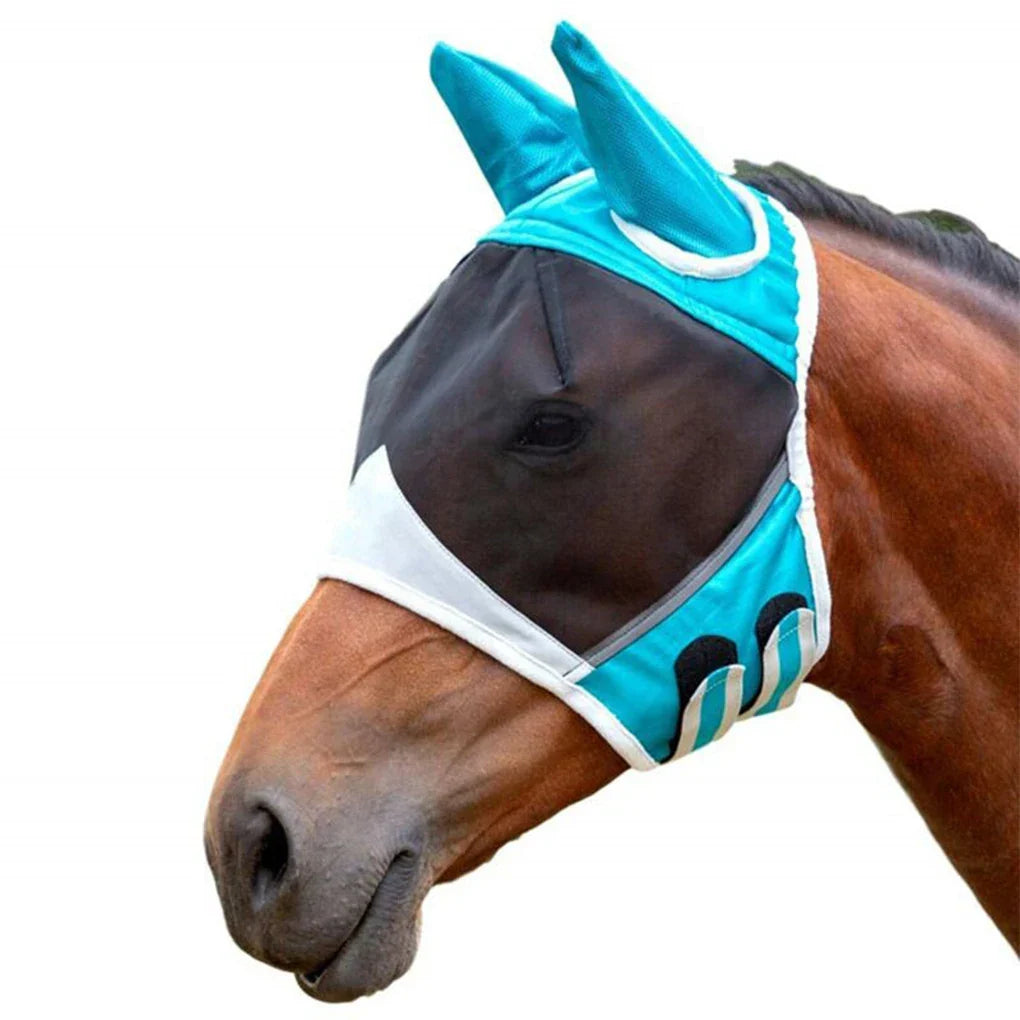 Masque anti-mouches pour cheval avec protection des oreilles, en maille, protection UV, pour paddock et pâturage en été | Sulvida
