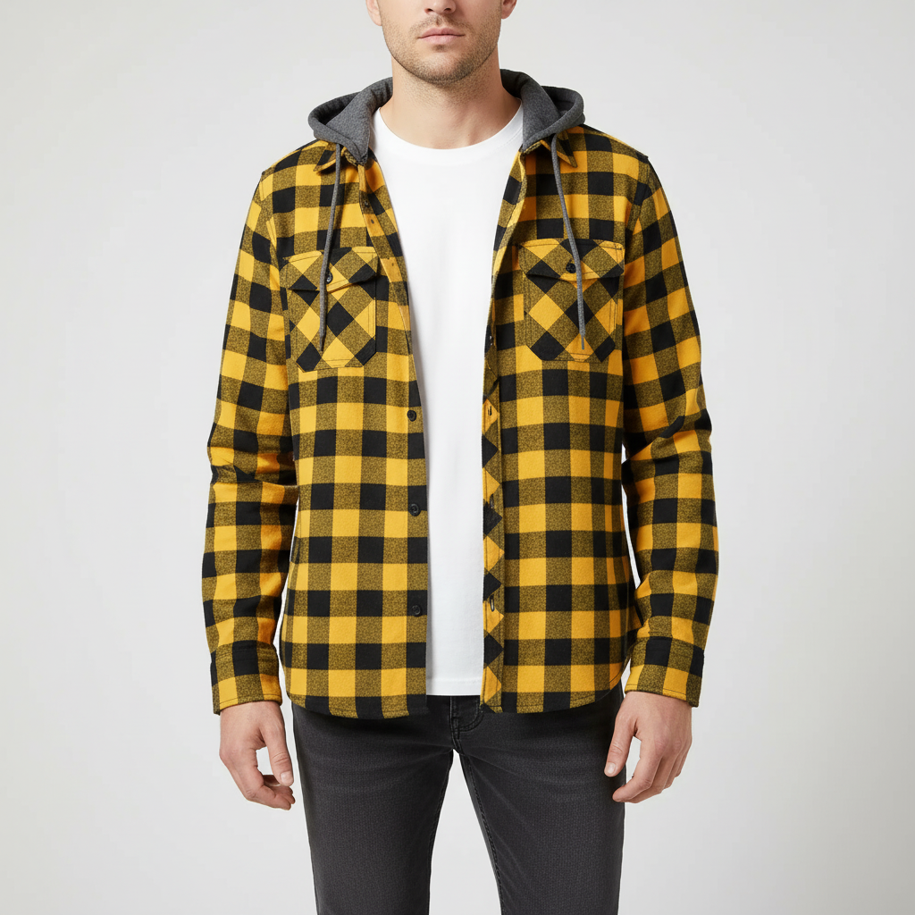 Geruit Flanel Overhemd met Capuchon Lange Mouwen Herfst Lente Casual Houthakkershemd Heren Werkhemd Borstzak | Sulvida