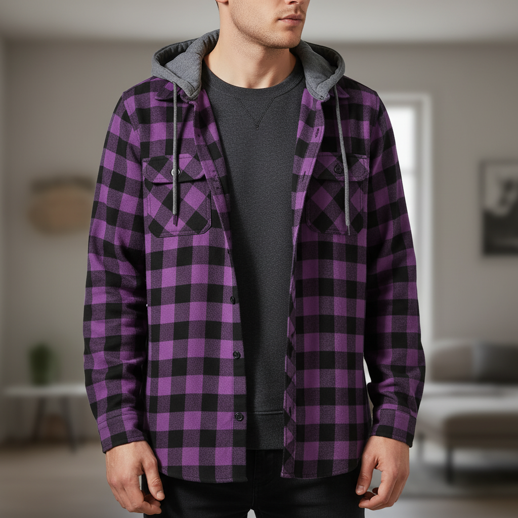 Geruit Flanel Overhemd met Capuchon Lange Mouwen Herfst Lente Casual Houthakkershemd Heren Werkhemd Borstzak | Sulvida