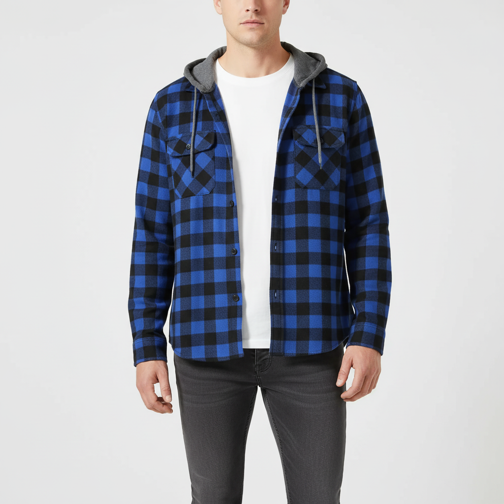 Geruit Flanel Overhemd met Capuchon Lange Mouwen Herfst Lente Casual Houthakkershemd Heren Werkhemd Borstzak | Sulvida