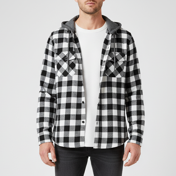 Geruit Flanel Overhemd met Capuchon Lange Mouwen Herfst Lente Casual Houthakkershemd Heren Werkhemd Borstzak | Sulvida