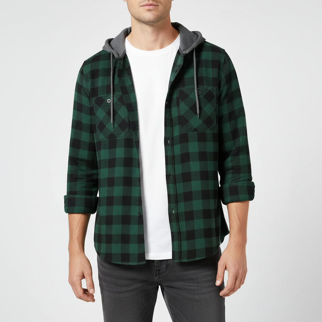 Geruit Flanel Overhemd met Capuchon Lange Mouwen Herfst Lente Casual Houthakkershemd Heren Werkhemd Borstzak | Sulvida