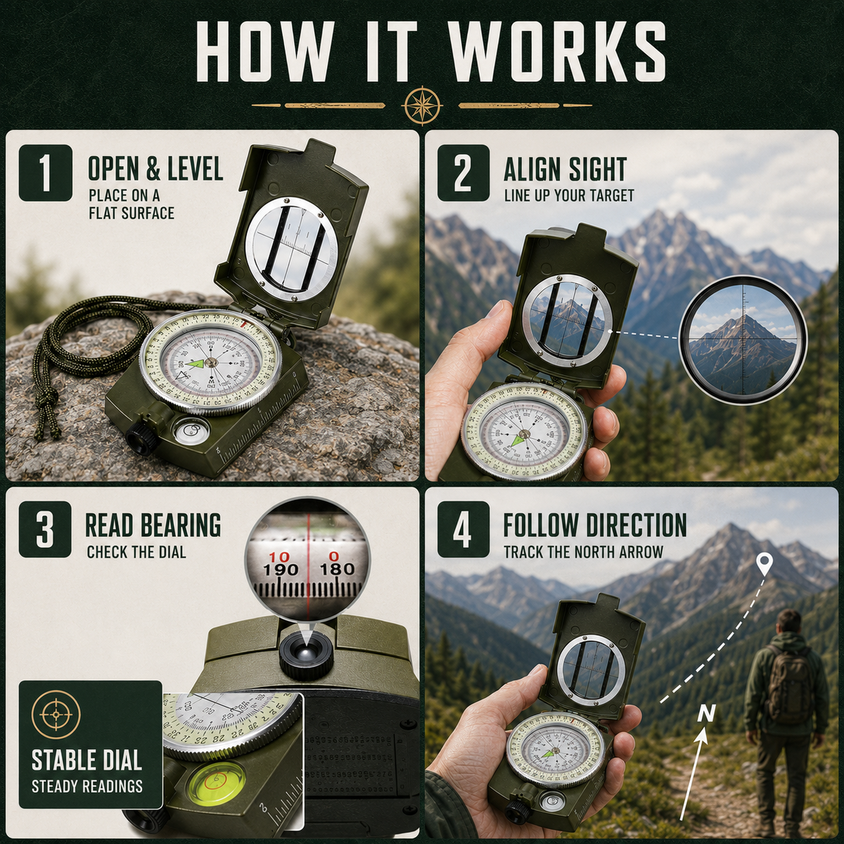 Opvouwbaar Viziercompas Lensatic Kompas met Waterpas Meetfunctie Landmeten Orientatie Outdoor Navigatie | Sulvida