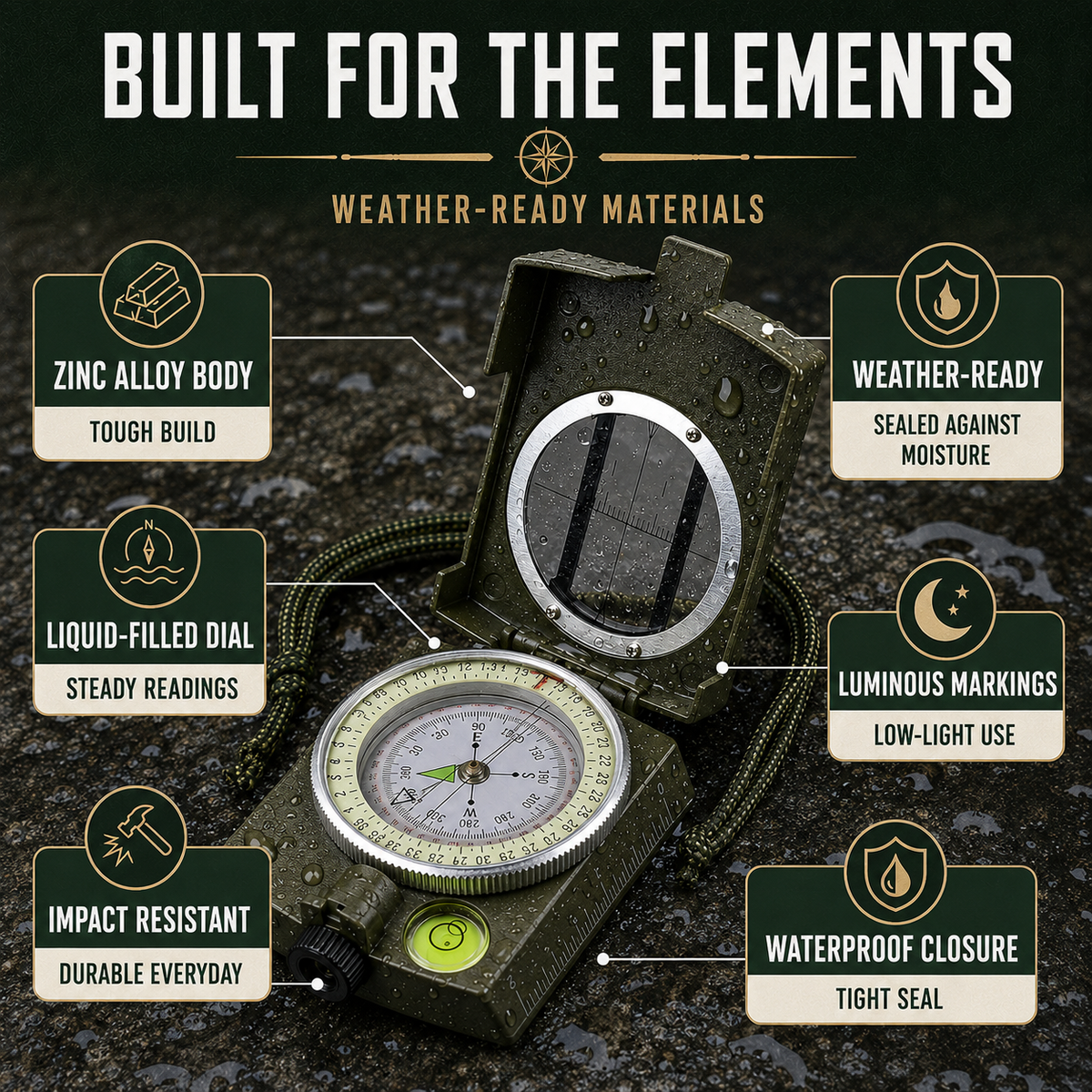 Opvouwbaar Viziercompas Lensatic Kompas met Waterpas Meetfunctie Landmeten Orientatie Outdoor Navigatie | Sulvida