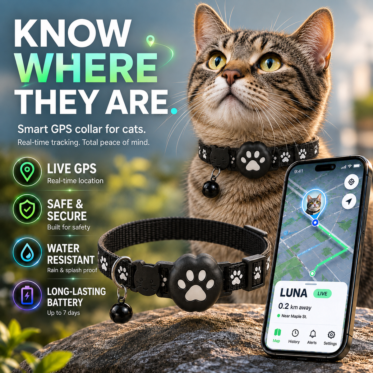 Verstelbare GPS-halsband voor Katten en Honden Locatietracking Reflecterende Pootafdrukken Huisdier Veiligheid | Sulvida