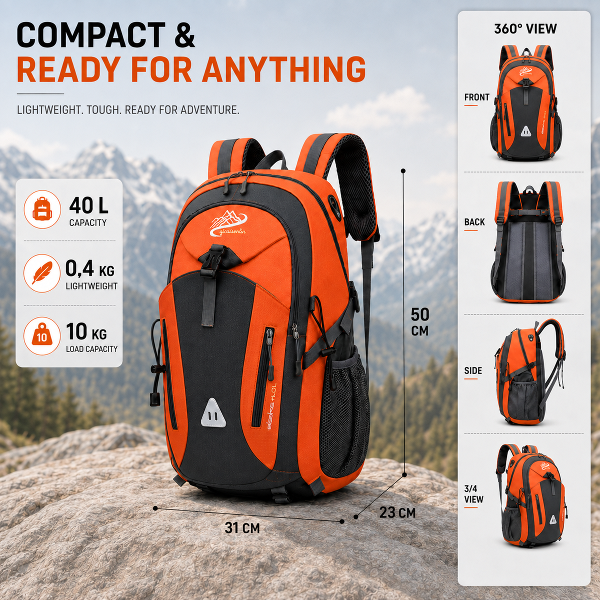 Multi-Compartment Rugzak 40L Wandelrugzak met Mesh Rugpaneel Verstelbare Borstbanden Ritsvakken Outdoor | Sulvida