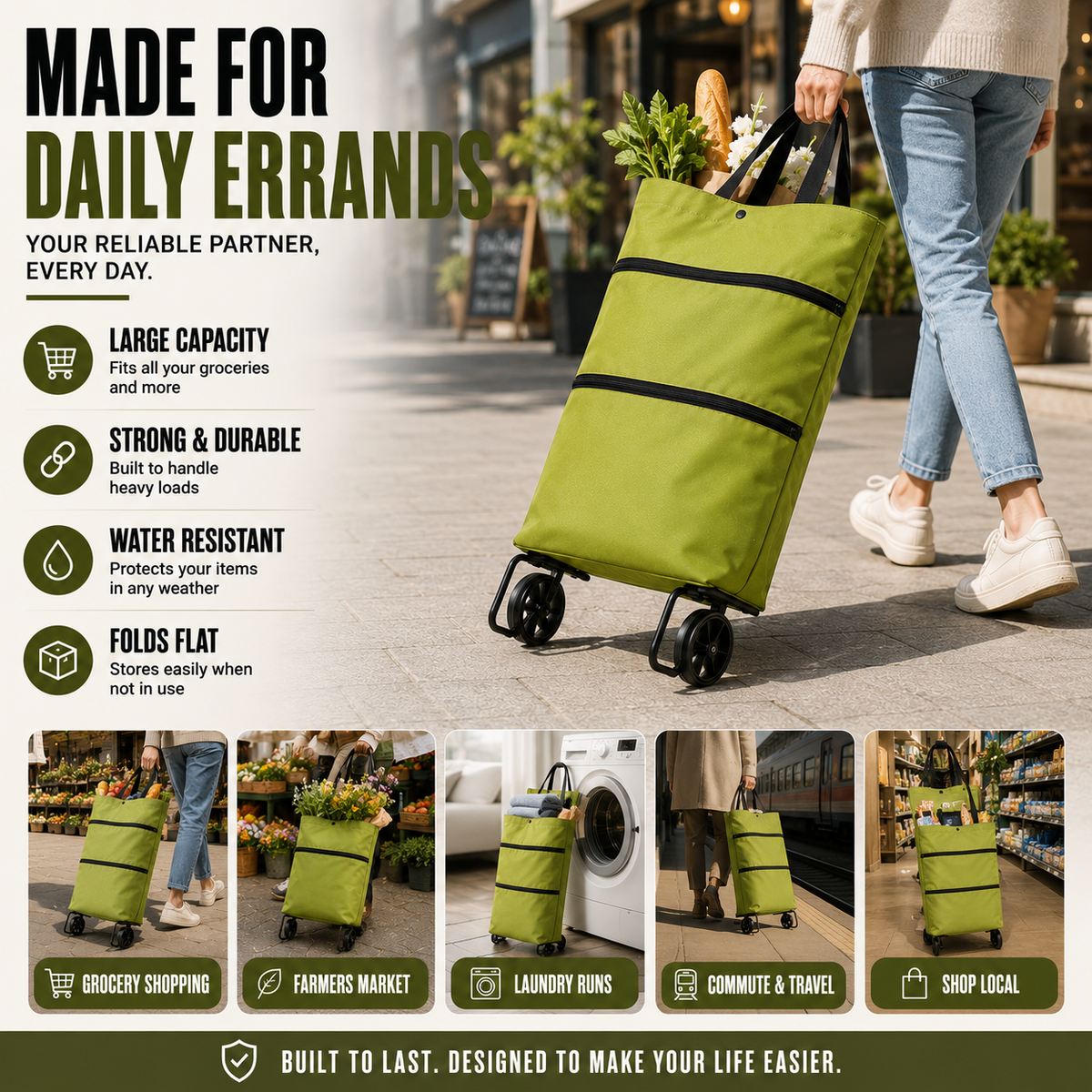Opvouwbare Boodschappenwagen met Wielen Inklapbare Trolley voor Shopping en Boodschappen Doen Draagtas | Sulvida