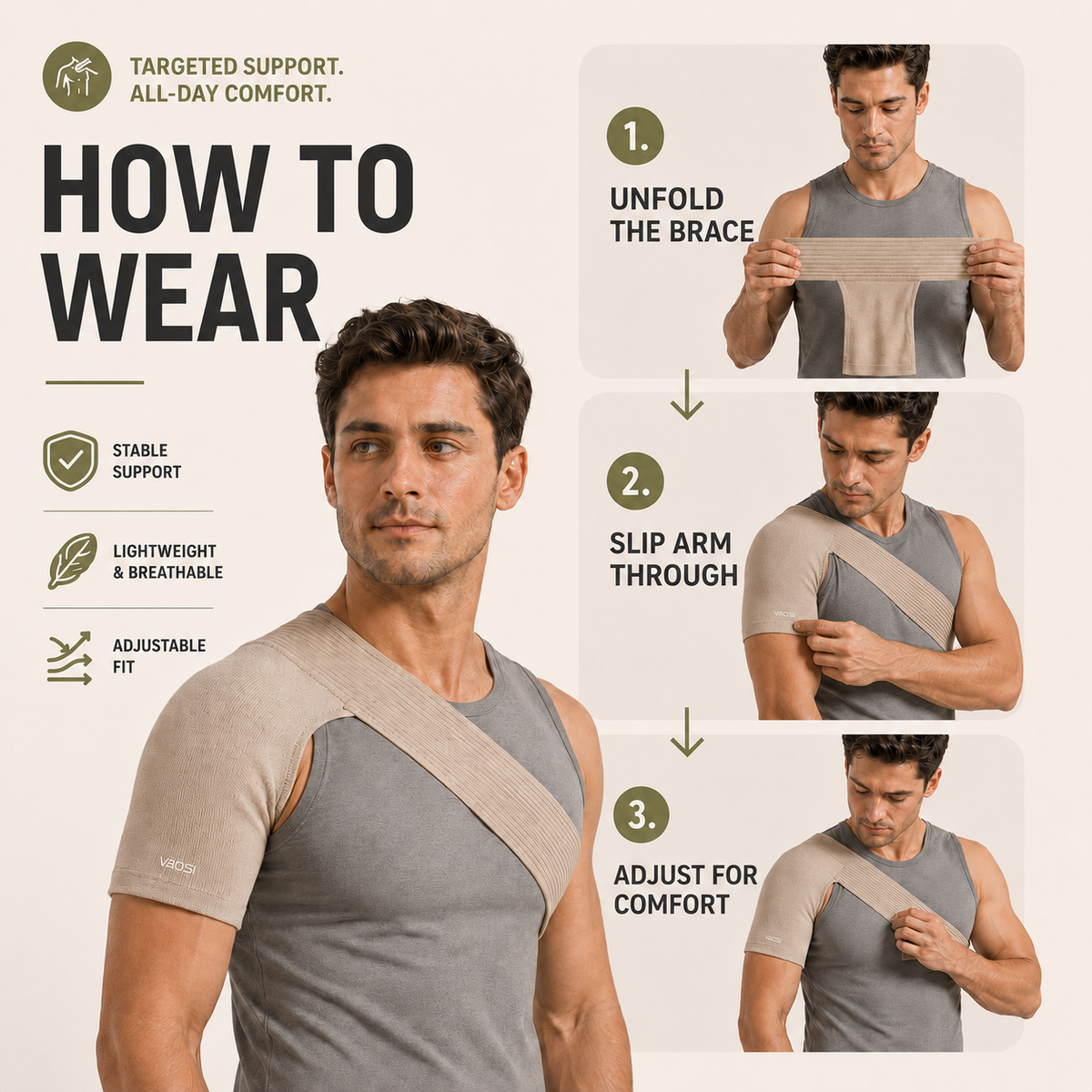 Elastische Schouderbandage voor Optimale Ondersteuning en Compressie Beige Verstelbaar Sport Blessurepreventie | Sulvida