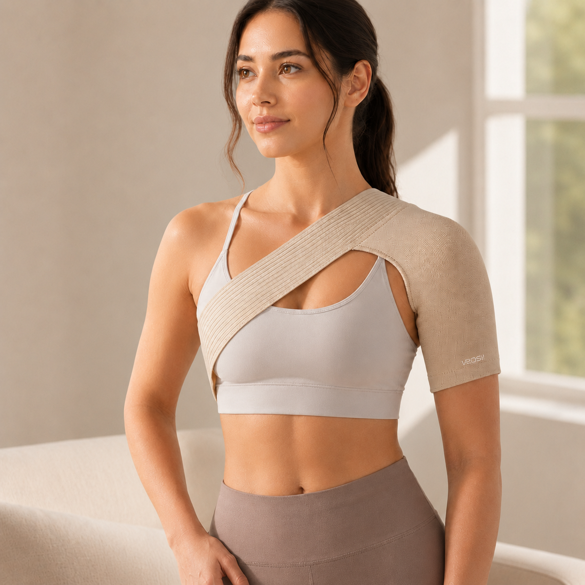 Elastische Schouderbandage voor Optimale Ondersteuning en Compressie Beige Verstelbaar Sport Blessurepreventie | Sulvida
