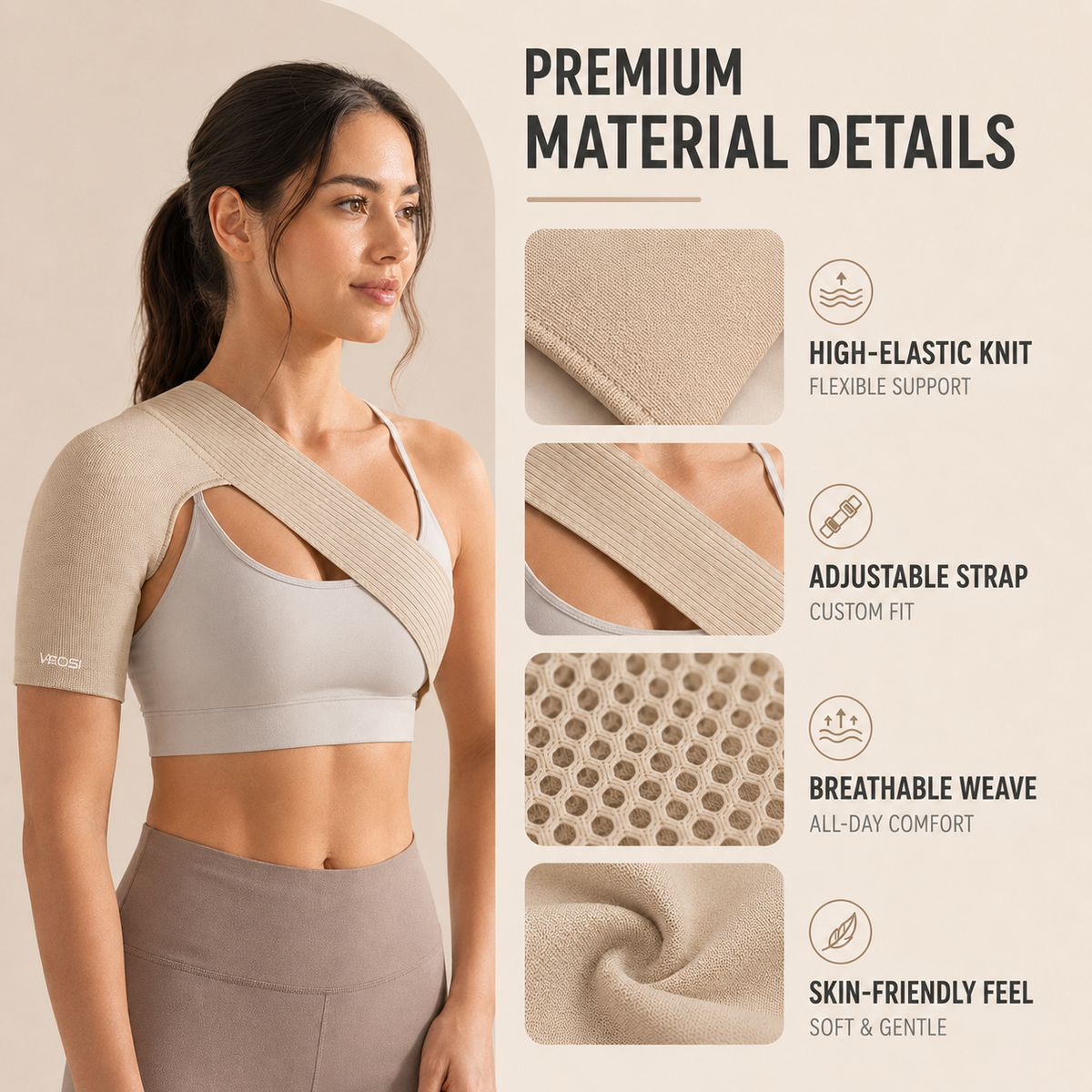 Elastische Schouderbandage voor Optimale Ondersteuning en Compressie Beige Verstelbaar Sport Blessurepreventie | Sulvida