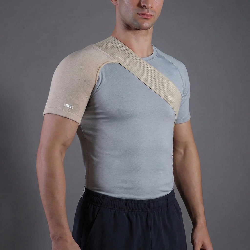Elastische Schouderbandage voor Optimale Ondersteuning en Compressie Beige Verstelbaar Sport Blessurepreventie | Sulvida