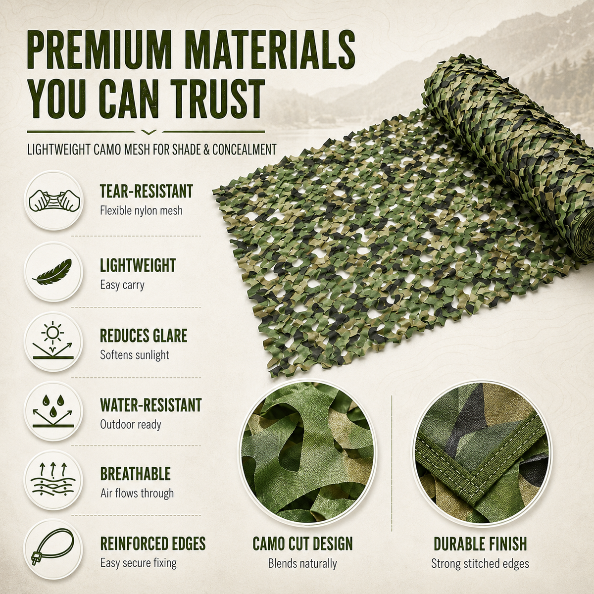 Camouflage Schaduwnet Groot Nylon Mesh Afschermingsrol Zonwering Tuin Buiten Terras Balkon 1,5 x 10 meter | Sulvida