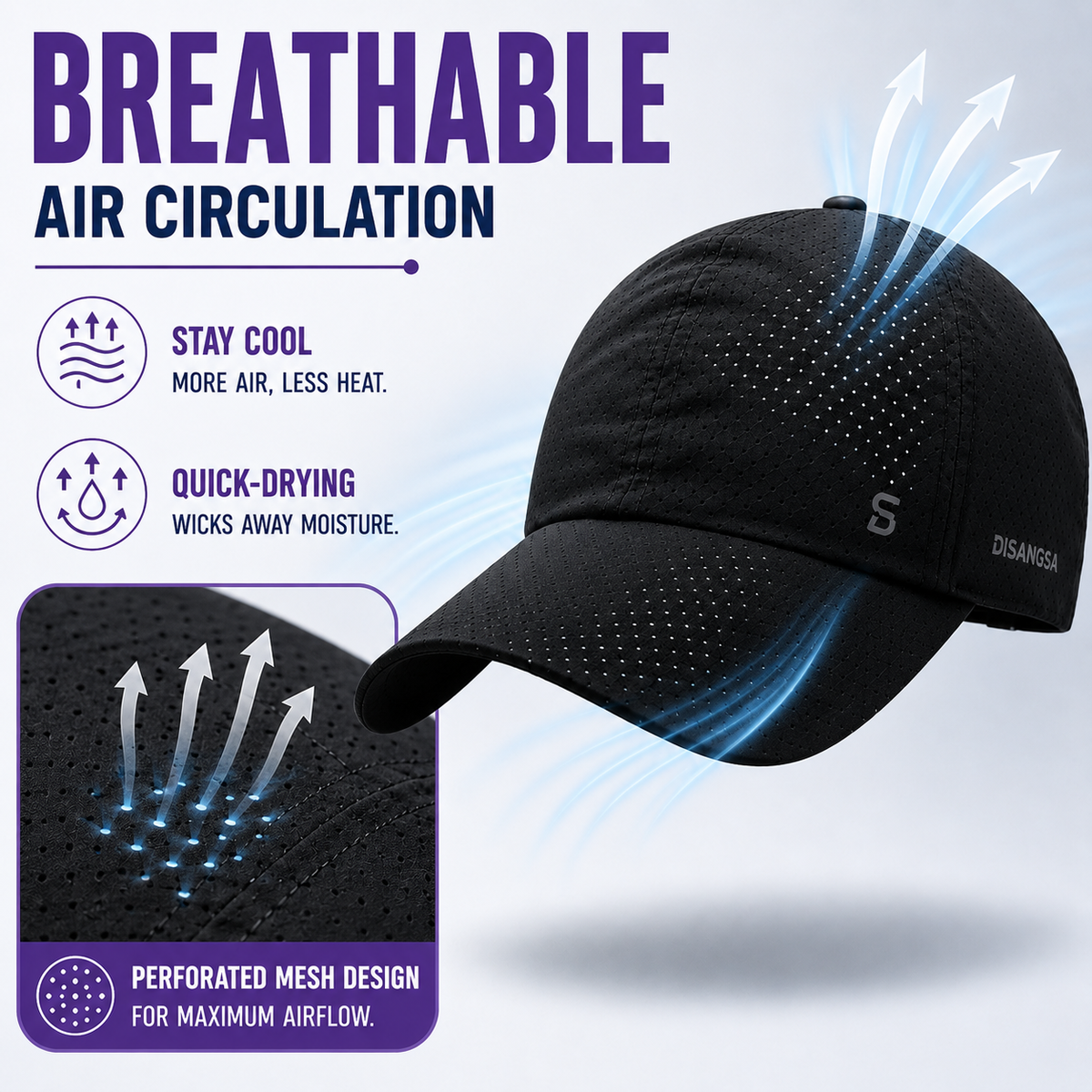 Geperforeerde Baseball Cap Lichtgewicht Ventilerend voor Actief Gebruik Sport en Outdoor Zwart Grijs Wit | Sulvida