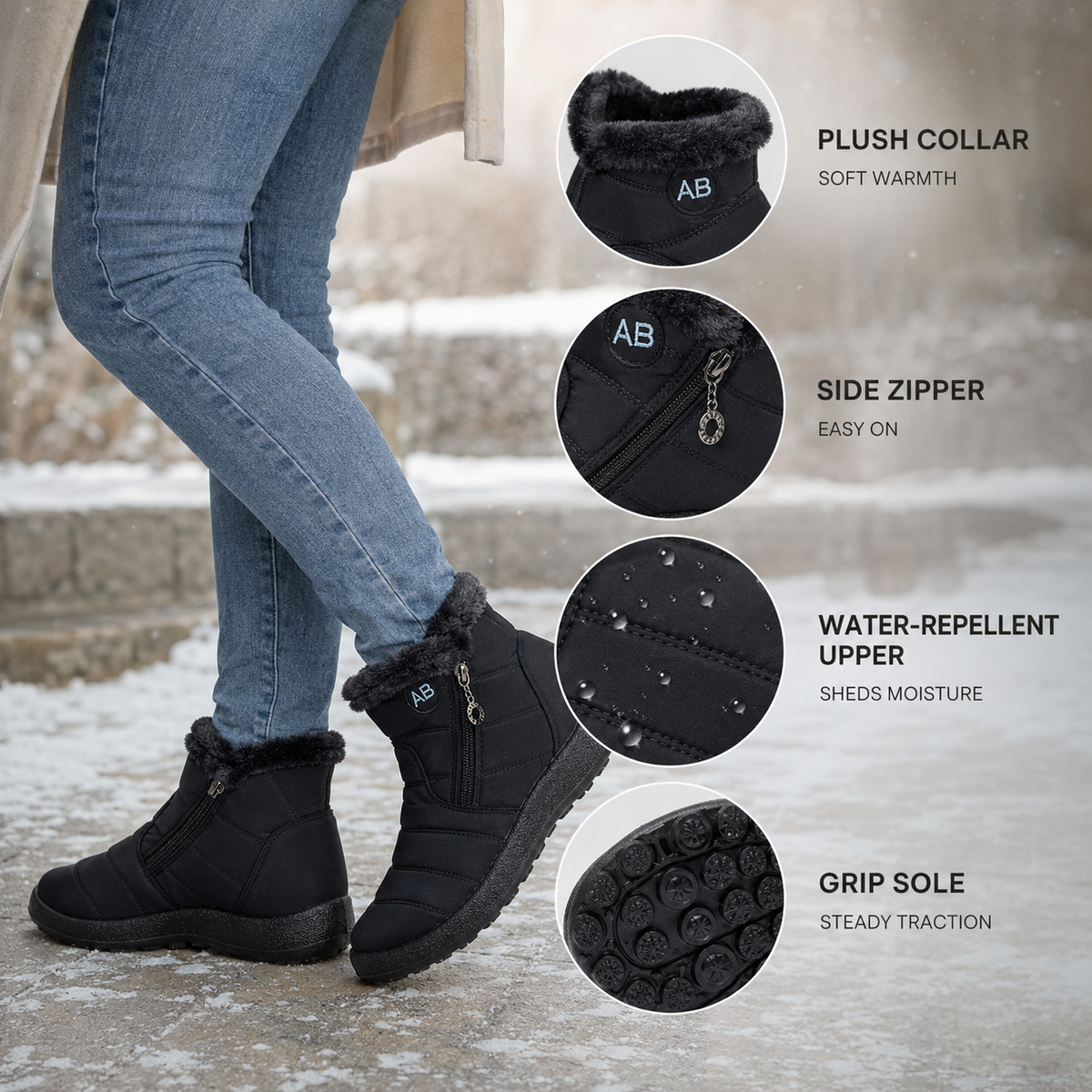 Waterdichte Enkelhoge Winterlaarzen Dames Fleece Gevoerd Antislip Rubberzool Ritssluiting Warm Comfortabel | Sulvida
