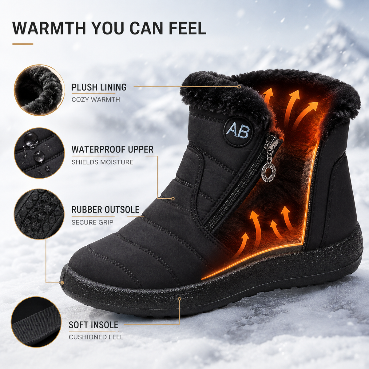 Waterdichte Enkelhoge Winterlaarzen Dames Fleece Gevoerd Antislip Rubberzool Ritssluiting Warm Comfortabel | Sulvida