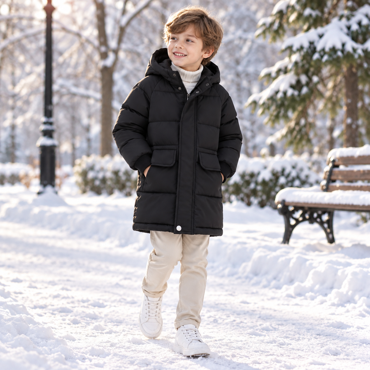Gewatteerde Kinderwinterjas Lange Pufferjas Jongens Meisjes Warm met Capuchon Polyester Winterkleding Outdoorjas | Sulvida