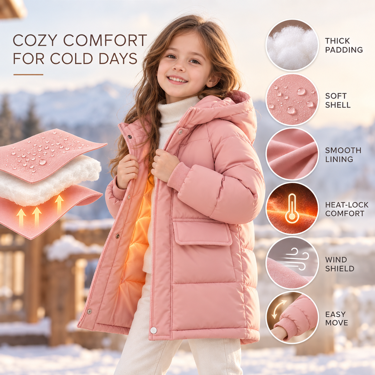 Gewatteerde Kinderwinterjas Lange Pufferjas Jongens Meisjes Warm met Capuchon Polyester Winterkleding Outdoorjas | Sulvida