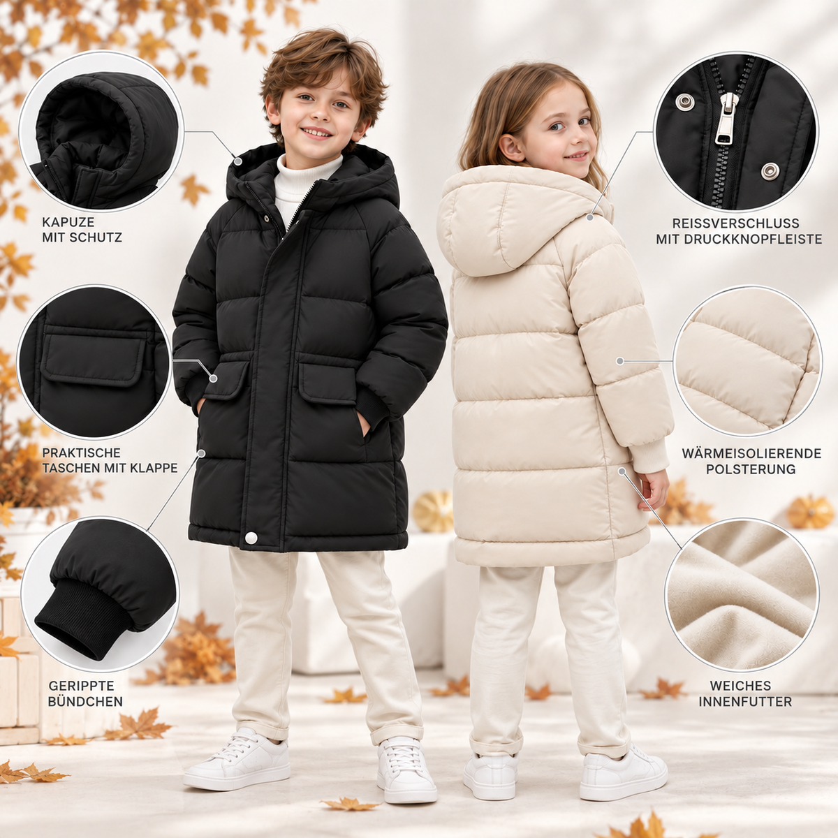 Gewatteerde Kinderwinterjas Lange Pufferjas Jongens Meisjes Warm met Capuchon Polyester Winterkleding Outdoorjas | Sulvida