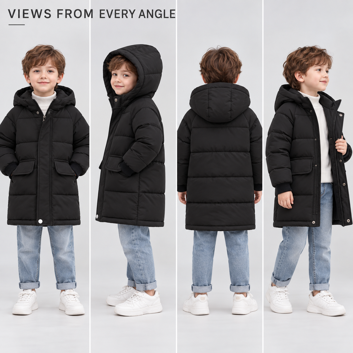 Gewatteerde Kinderwinterjas Lange Pufferjas Jongens Meisjes Warm met Capuchon Polyester Winterkleding Outdoorjas | Sulvida