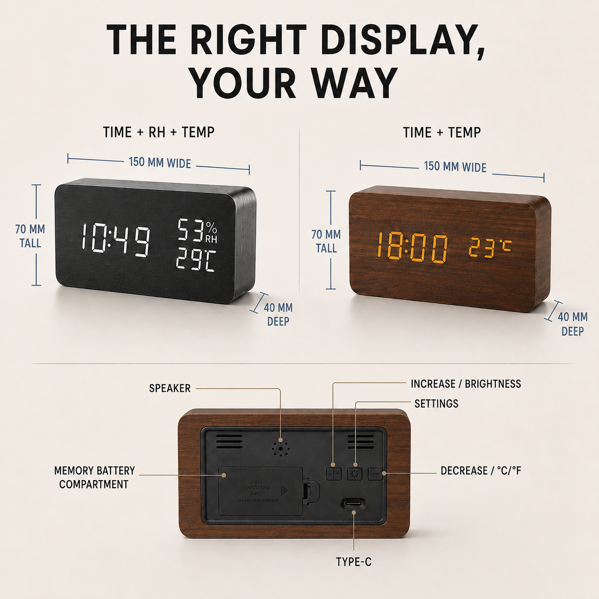 Digitale Houten Wekker LED met Temperatuur en Luchtvochtigheid Stemactivatie Nachtkastje Klok Bamboe | Sulvida
