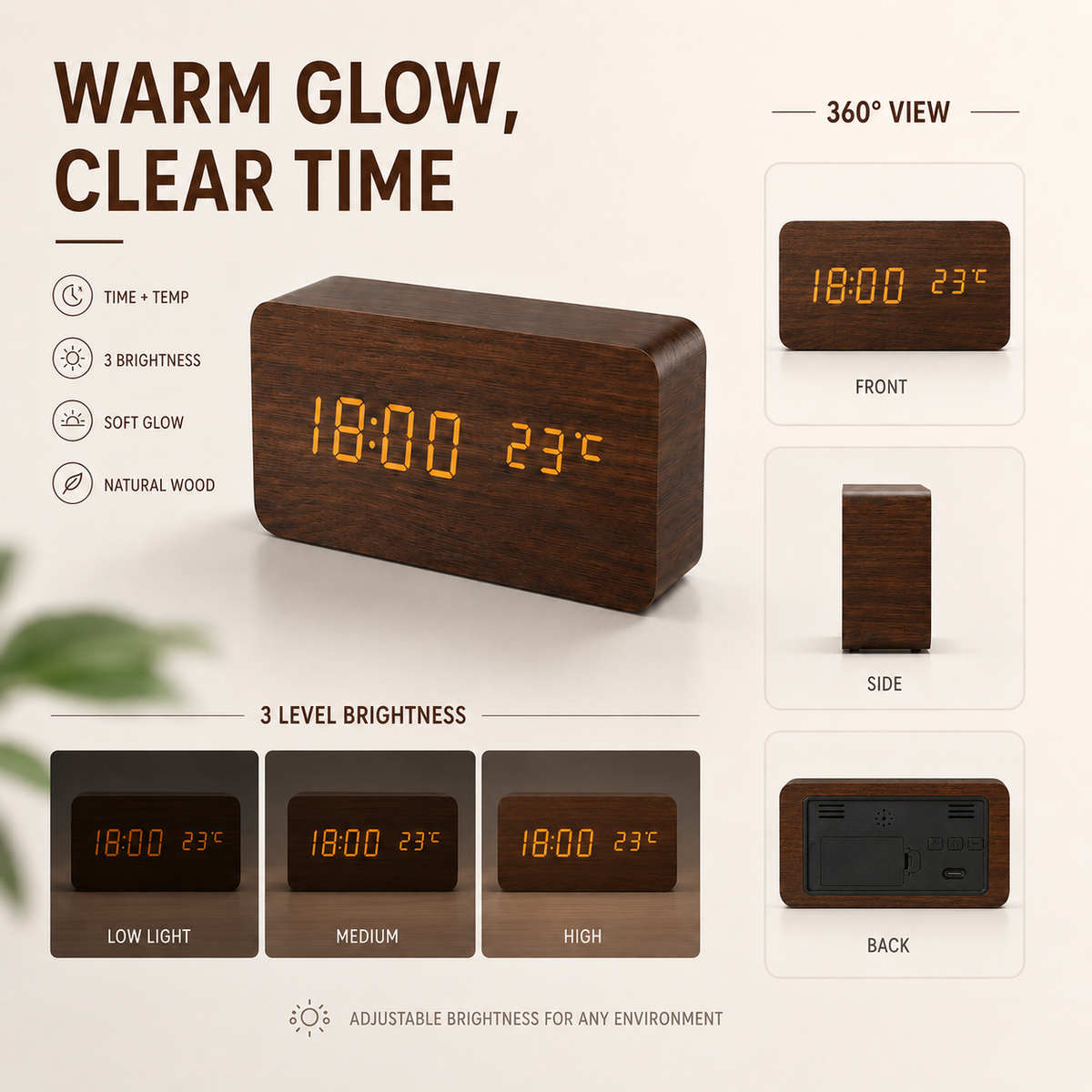 Digitale Houten Wekker LED met Temperatuur en Luchtvochtigheid Stemactivatie Nachtkastje Klok Bamboe | Sulvida