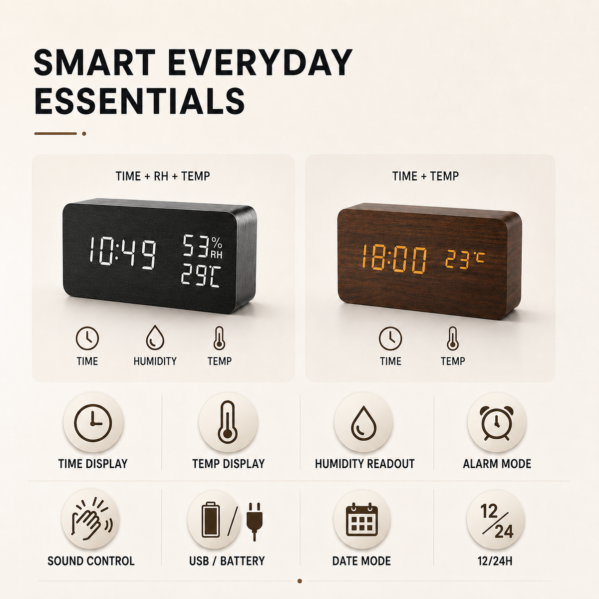 Digitale Houten Wekker LED met Temperatuur en Luchtvochtigheid Stemactivatie Nachtkastje Klok Bamboe | Sulvida