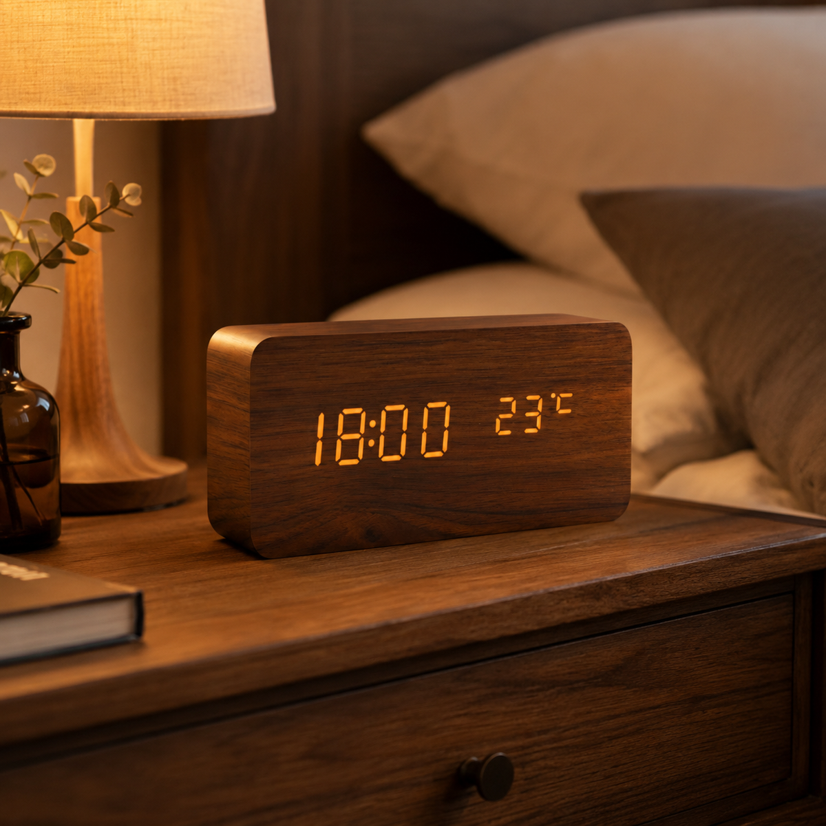 Digitale Houten Wekker LED met Temperatuur en Luchtvochtigheid Stemactivatie Nachtkastje Klok Bamboe | Sulvida