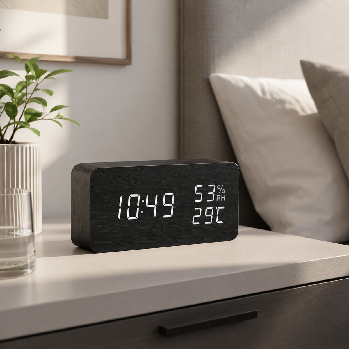 Digitale Houten Wekker LED met Temperatuur en Luchtvochtigheid Stemactivatie Nachtkastje Klok Bamboe | Sulvida