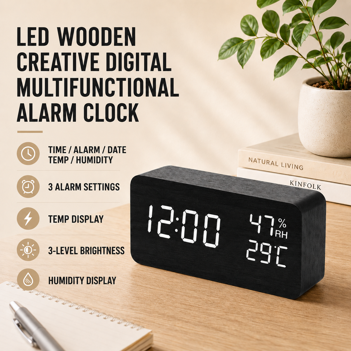 Digitale Houten Wekker LED met Temperatuur en Luchtvochtigheid Stemactivatie Nachtkastje Klok Bamboe | Sulvida