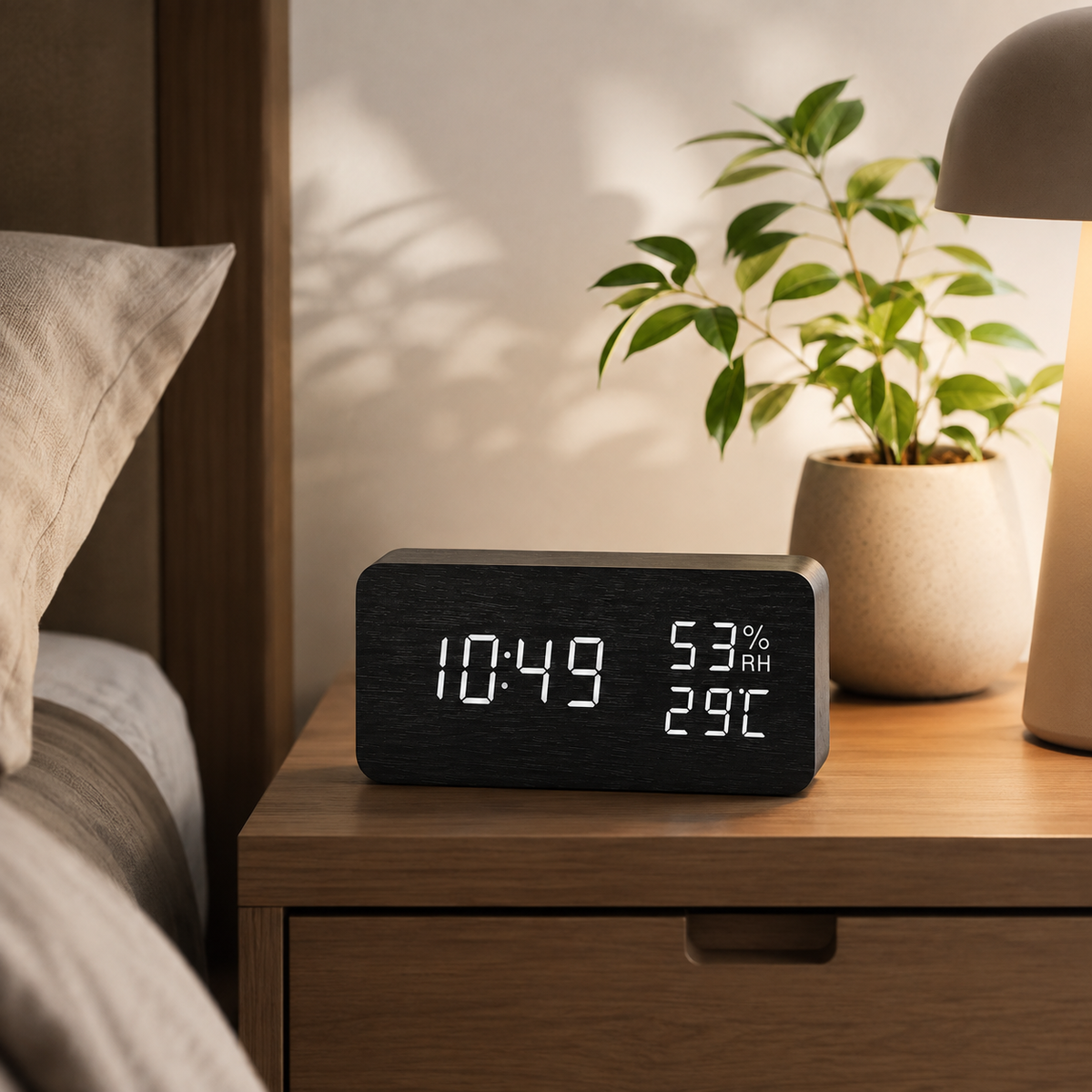 Digitale Houten Wekker LED met Temperatuur en Luchtvochtigheid Stemactivatie Nachtkastje Klok Bamboe | Sulvida