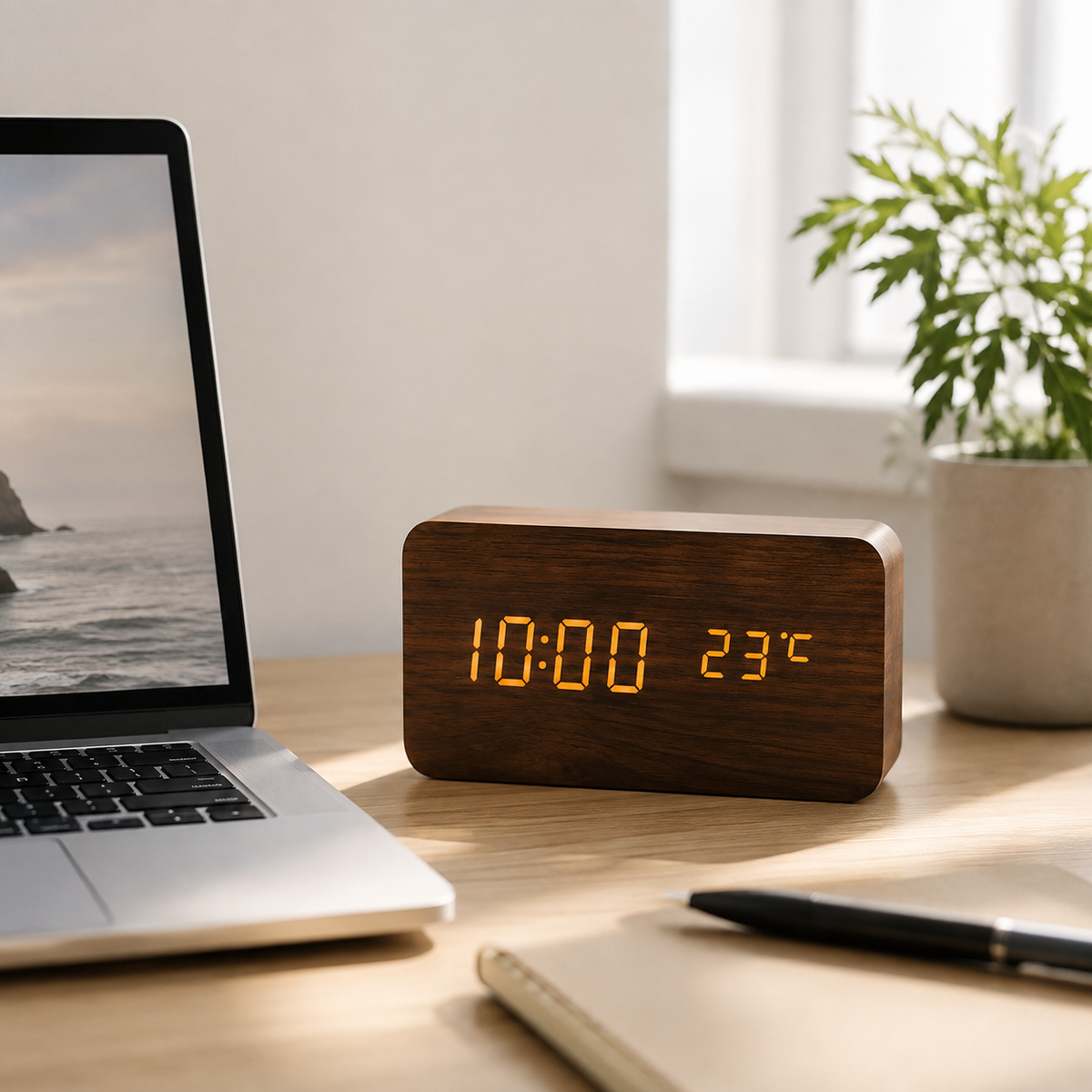 Digitale Houten Wekker LED met Temperatuur en Luchtvochtigheid Stemactivatie Nachtkastje Klok Bamboe | Sulvida