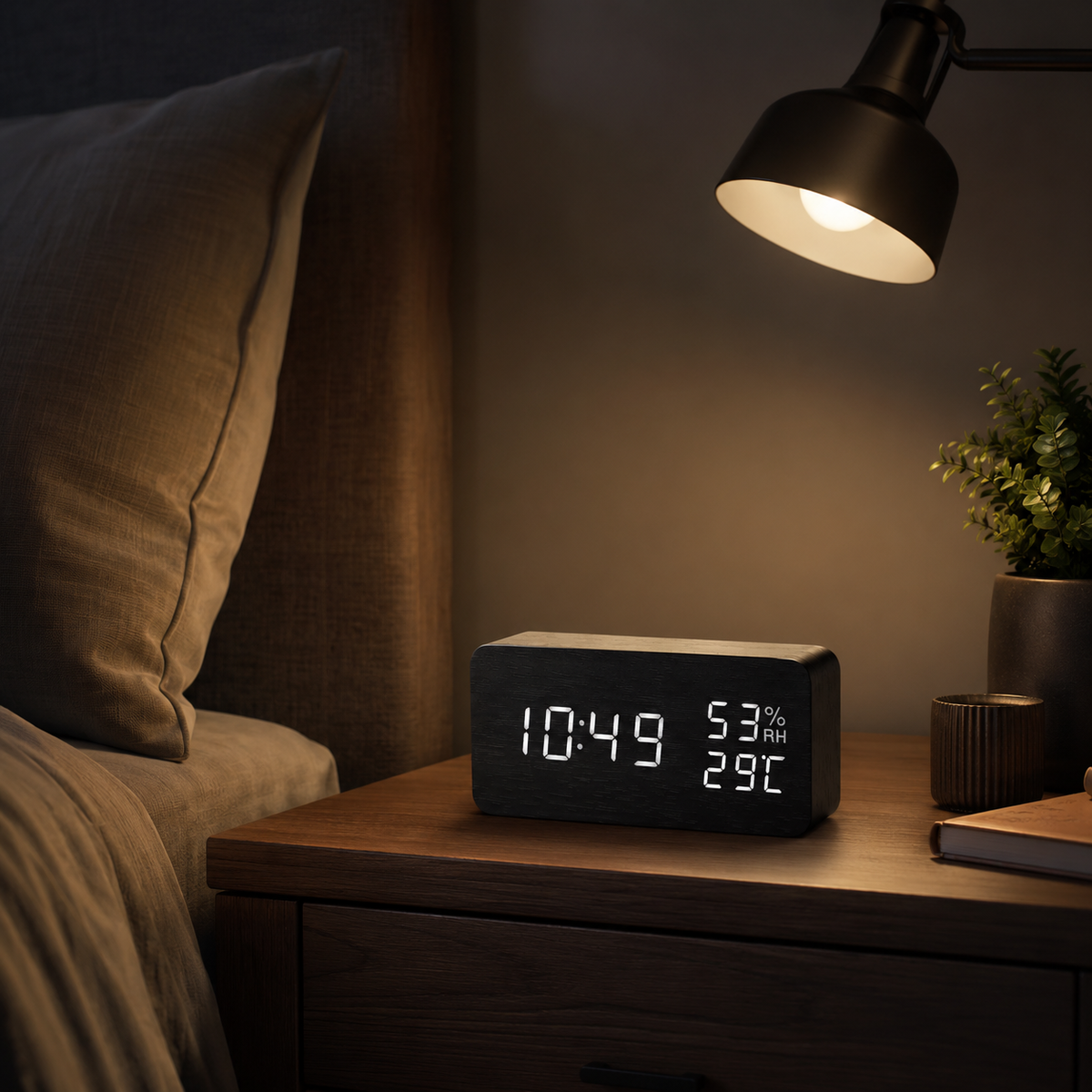 Digitale Houten Wekker LED met Temperatuur en Luchtvochtigheid Stemactivatie Nachtkastje Klok Bamboe | Sulvida