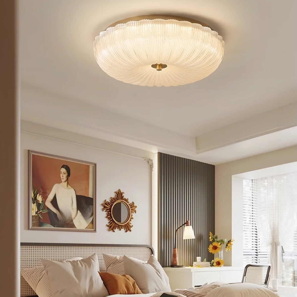 Plafondlamp geribbeld glas met halo-effect moderne sfeerverlichting design voor eetkamer woonkamer hal slaapkamer | Sulvida