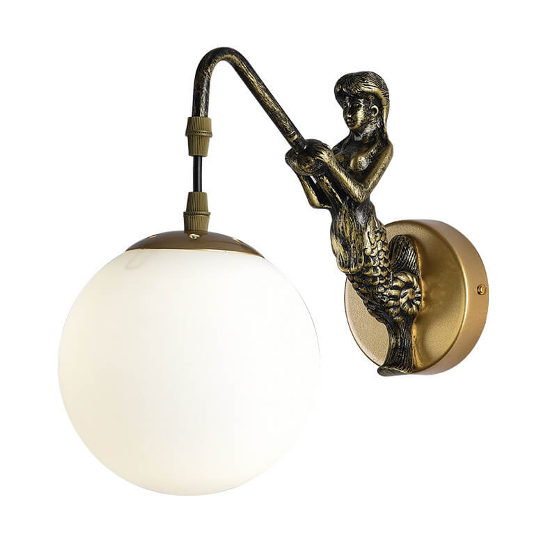 Retro Wandlamp Zeemeermin met Glazen Bol Zwart Goud Brons Landelijke Stijl Vintage Sfeerlicht Verlichting | Sulvida