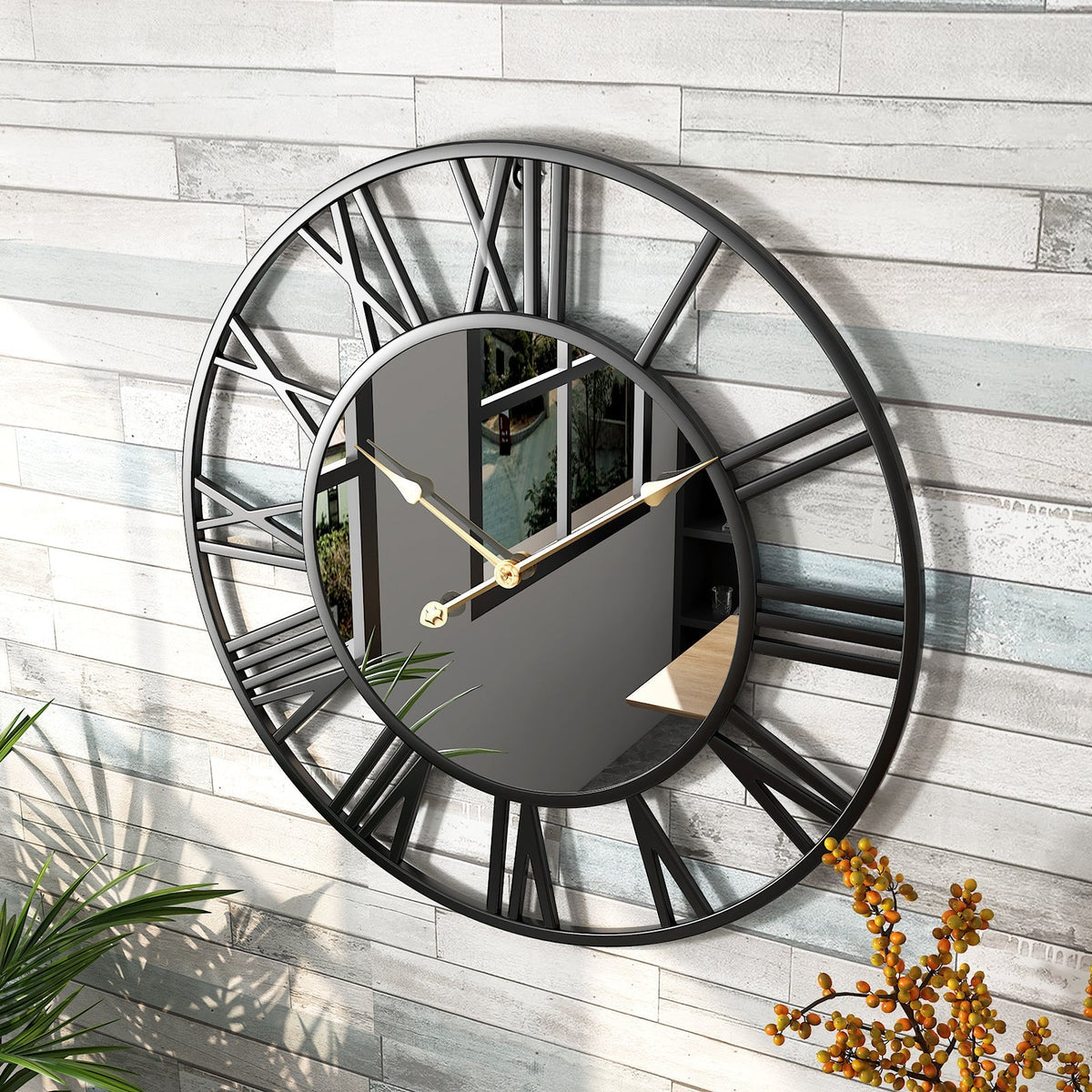 Vintage Metalen Wandklok met Spiegelaccenten Ø39cm Goud Zwart Industrieel Design Retro Woonkamer Decoratie | Sulvida
